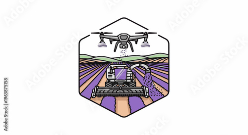 Advanced drone and harvester working in a vibrant lavender field, harvesting crops