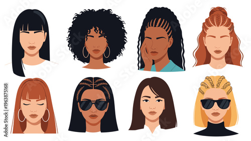 Set of diverse women portraits with various hairstyles including braids, curls, and straight hair representing different ethnicities and styles.