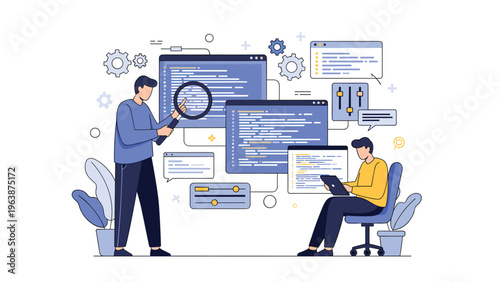 Software developers working on computer code with floating windows and magnifying glass representing programming, debugging, and data analysis.