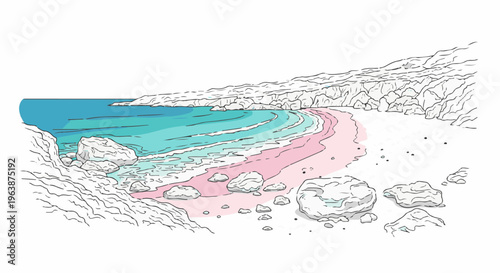 Artistic rendering of a serene coastline with pink sand, turquoise water, and rocky cliffs