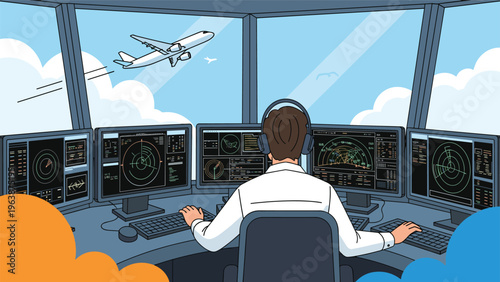 Air traffic controller sitting in front of multiple radar screens monitoring a plane taking off from the airport tower view.