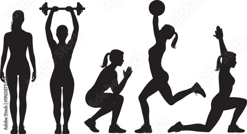 Silhouette women exercising in various poses, fitness workout collection, woman exercise, woman active, woman sport