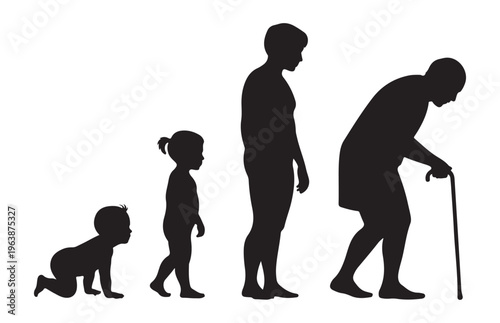Female aging cycle silhouette from baby crawling to elderly woman with walking cane icon for growth concept set.