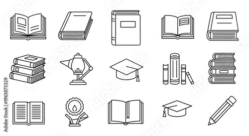 Collection of education and learning icons including books graduation caps and a desk lamp flat vector design elements for websites and apps isolated on white