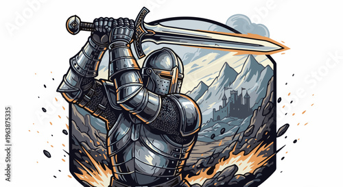 Armored knight raises sword with a castle and mountains in background
