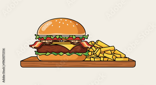A delicious cheeseburger with bacon and a pile of french fries on a wooden board