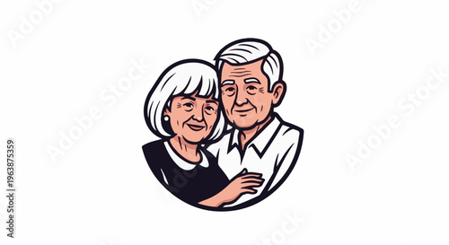 Affectionate elderly couple, smiling, embracing, white background