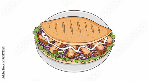 A delicious, colorful illustration of a stuffed flatbread sandwich with meat, lettuce, and onions