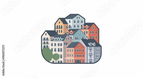 A cluster of colorful, flat-design buildings with trees on a white background