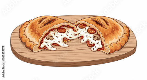 A delicious calzone filled with gooey cheese, pepperoni, and mushrooms