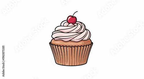 A delicious cupcake with pink frosting and a cherry on top, set against a white background