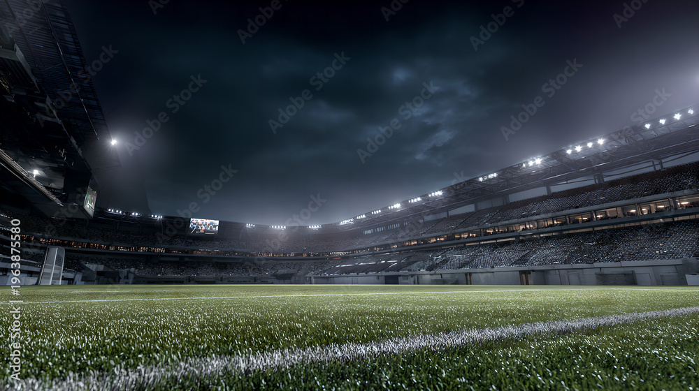 Fototapeta premium floodlights. Illuminated football stadium at night with vibrant green turf and atmospheric glow, event key visuals, club posters, designed for fitness apps and gym onboarding, supports training. ﻿