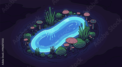 A magical glowing pond surrounded by quirky mushrooms and tall grass at night