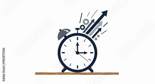 Alarm clock with upward trending arrows and gears symbolizing progress