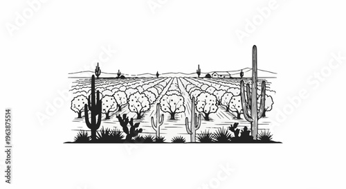 A desert orchard with fruit trees and cacti under hills