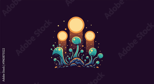 Alien bioluminescent mushrooms glowing under three celestial orbs