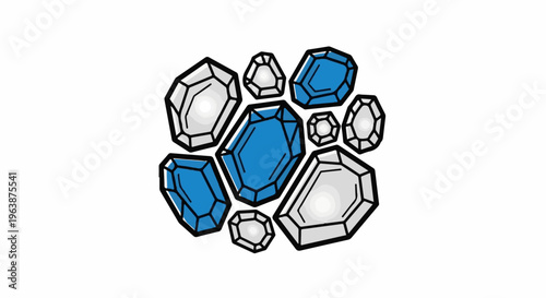 A cluster of faceted blue and white gemstones on a white background