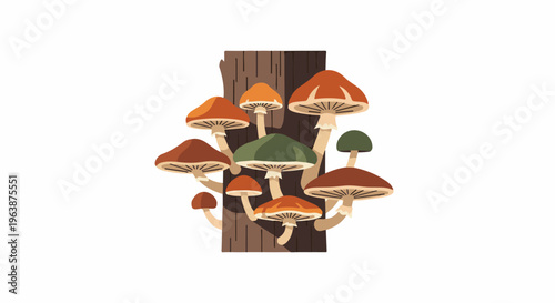 A cluster of colorful mushrooms grows from a textured tree trunk