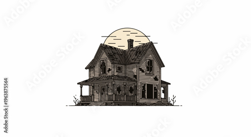 A desolate, dilapidated two-story house with broken windows under a crescent sun