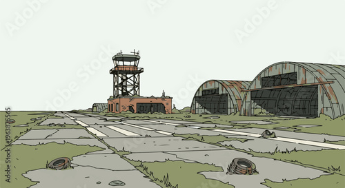 An abandoned airfield with a control tower and hangars under a pale sky