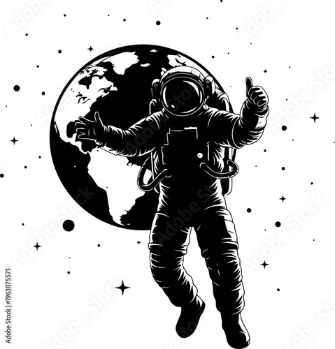 Astronaut giving thumbs up in front of Earth illustration isolated on transparent background