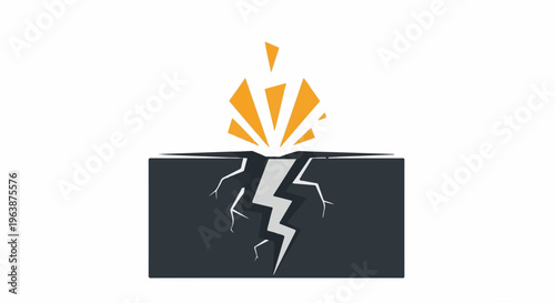 An abstract representation of a crack in the ground with a lightning bolt and an explosion