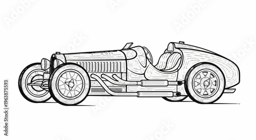 A detailed black and white line drawing of a vintage open-top race car