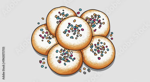 A pile of round, decorated cookies with white icing and sprinkles