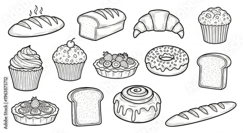 Variety of baked goods and pastries on a white background including bread muffins and desserts