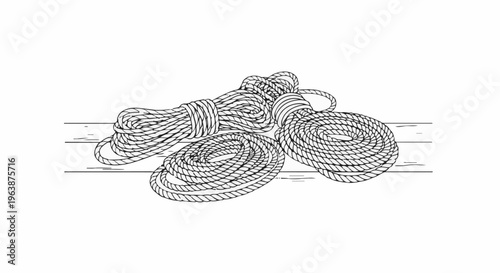 A detailed illustration of twisted rope coiled on a simple wooden surface