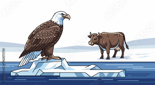 An eagle stands on an ice floe, facing a cow in a wintry landscape