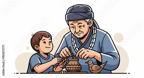 An elder teaches a young boy crafting a clay pot and a bird figure