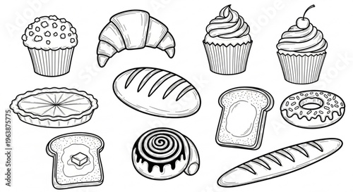 Assorted bakery items and pastries on a white background including muffins croissants cupcakes and bread