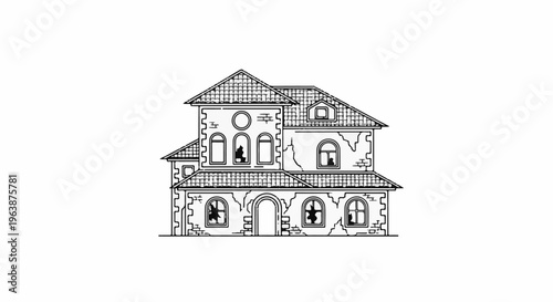 A detailed line drawing of a dilapidated two-story house with broken windows and cracked walls