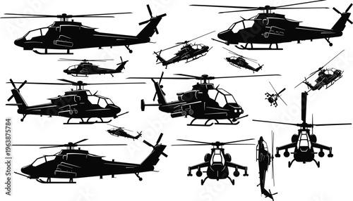 attack helicopter silhouette collection military combat aircraft set armed chopper vector illustration isolated black aviation defense weapon system bundle