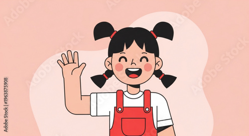 Happy cartoon girl with pigtails waving hello friendly character illustration for childrens content and design isolated on pastel background