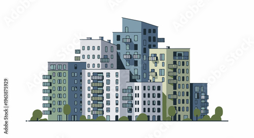 A cluster of modern apartment buildings with balconies and trees