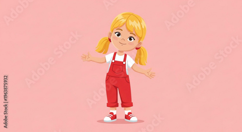 Cute blonde girl in red overalls cartoon illustration for childrens books and playful designs isolated on a soft pink background