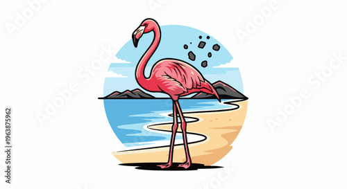 A pink flamingo stands on a sandy beach with blue water and mountains