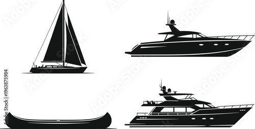 boat silhouettes set, yacht, sailboat, canoe, ship, marine, water transport, nautical, travel, sea, vessel, black, vector, illustration, isolated