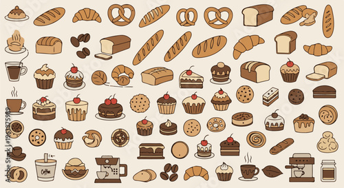 Assortment of baked goods and coffee items on a light background