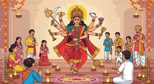 Hindu goddess durga with multiple arms surrounded by people in traditional clothing celebrating a festival with lit candles and decorations
