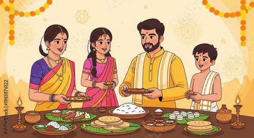 Indian family celebrating traditional festival with delicious homemade food on table