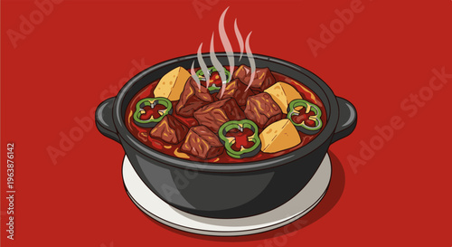 A pixel art depiction of a hearty stew with meat, vegetables, and steam