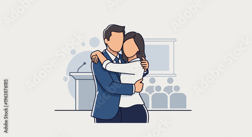 A man and woman embrace in front of a presentation stage