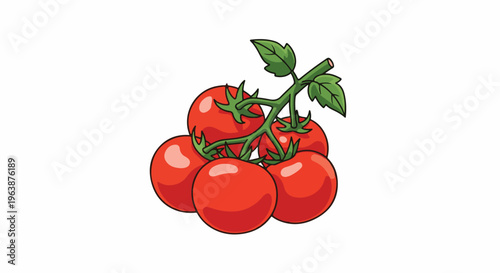 A cluster of ripe, red tomatoes on a green vine with leaves