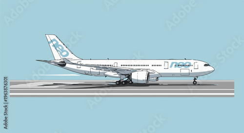 A digital illustration of a wide-body passenger jet on a runway
