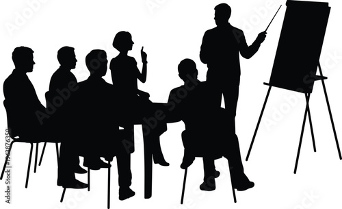 business training presentation silhouettes team meeting seminar coaching workshop corporate education group learning instructor teaching office vector illustration set