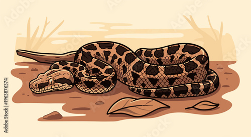 A coiled snake with brown scales rests on dry ground near a branch