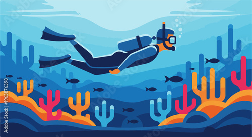 A diver explores a colorful coral reef with fish swimming around